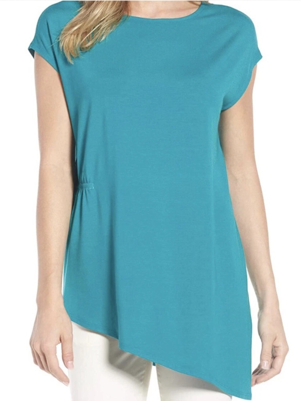 Eileen Fisher Viscose Jersey Jewel Neck Top Asymmetrical Waist Turquoise LP NWT